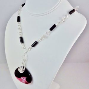 Sterling Silver Pink Black Druzy Pendant Necklace